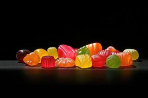 Assorted Colorful Gummy Candies On Black Background photo