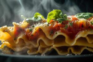 Steaming Lasagna with Tomato Sauce and Basil photo