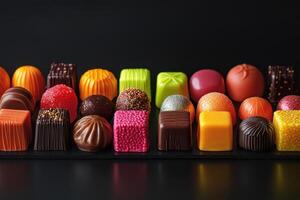 Assorted Colorful Chocolates Arranged On A Black Surface photo