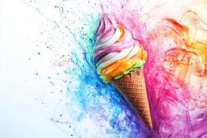 Rainbow Swirl Ice Cream Cone Exploding Color photo