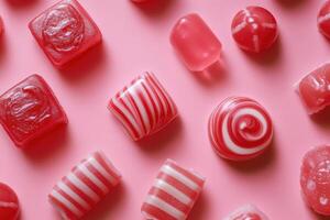 Assorted Red And White Candies On Pink Background photo