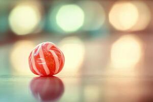 Red and white striped candy rests on a surface photo