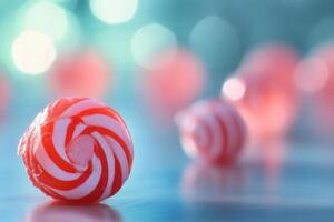 Red and white swirled candy on blue background photo