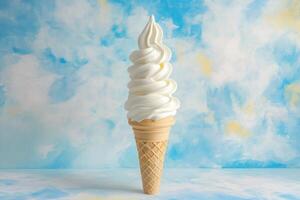 Tall Soft Serve Ice Cream Cone Against Blue Background photo