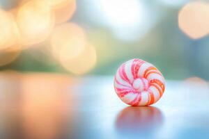 A Single Swirled Peppermint Candy Rests On A Table photo