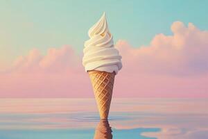 Soft Serve Ice Cream Cone Floating on Calm Water photo