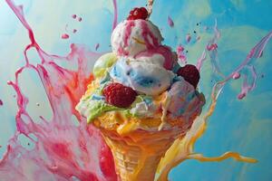 Colorful Ice Cream Cone Splashing Sweet Treat photo