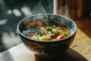Steaming bowl of vegetable soup with herbs photo