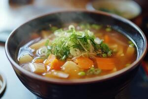 Steaming Bowl Of Vegetable Soup With Green Onions photo