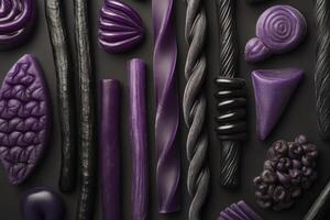 Assorted Purple and Black Candy Pieces Arranged Artistically photo