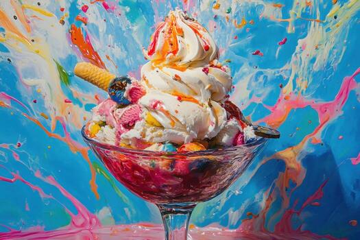 Colorful Ice Cream Sundae Exploding With Paint Splatter photo