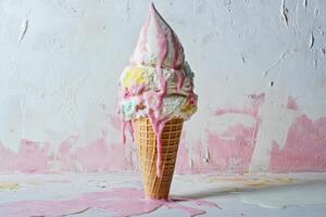 Melted ice cream cone against a textured background photo