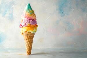 Colorful Triple Scoop Ice Cream Cone Delight photo