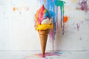 Rainbow Ice Cream Cone Melting Against Colorful Background photo