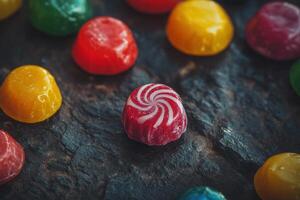 Colorful hard candies rest on a dark surface photo