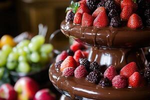 Delicious Chocolate Fountain With Assorted Berries And Strawberries photo