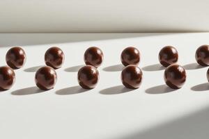 Dark Chocolate Spheres Arranged in Rows on White Surface photo