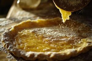 Golden Pastry Filling Being Dusted With Flour photo