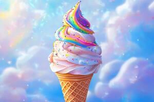 Rainbow Swirl Ice Cream Cone Against A Cloudy Sky photo