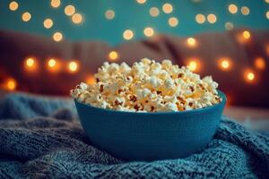 A Bowl Of Popcorn Underneath Cozy String Lights photo