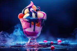 Colorful Ice Cream Sundae with Dripping Sauce photo