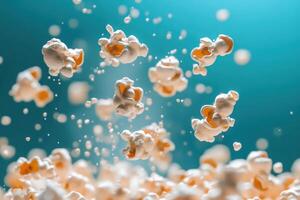 Airy Popcorn Pieces Floating Against Teal Background photo
