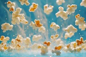 Airy popcorn kernels playfully float in blue water photo