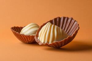 Delicious Chocolate Candies In Shell Shaped Wrappers photo