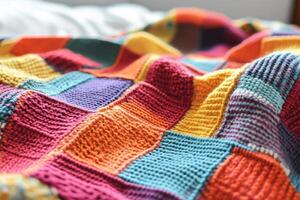 Colorful Knitted Patchwork Blanket Texture Detail photo