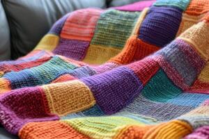 Colorful Knitted Blanket Patchwork Design photo