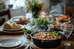 Steaming Vegetable Stew Served on a Rustic Table photo