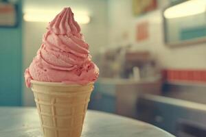 Strawberry Ice Cream Cone In A Retro Setting photo