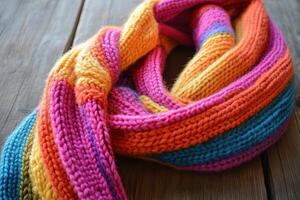 Colorful Knitted Scarf Resting on Wooden Surface photo