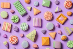 Pastel Candies Arranged In Geometric Shapes On Purple Background photo