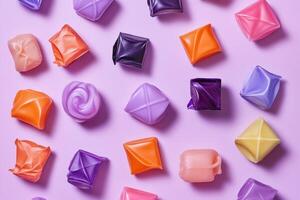 Colorful Wrapped Candies Arranged On Purple Background photo