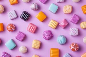 Assorted Colorful Candies Arranged On Purple Background photo