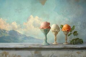 Three Scoops Of Ice Cream In Vintage Cups photo