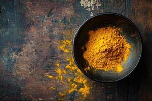 Turmeric powder in a dark bowl on rustic wood photo