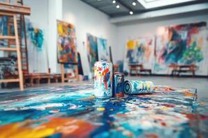 Colorful Paint Cans Amidst Abstract Artworks In A Studio photo