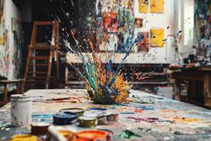 Exploding Color Palette In An Artists Studio photo