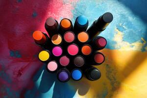 Colorful Lipstick Collection Arranged On Abstract Background photo