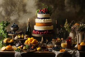 Three Tiered Berry Cake With Fruit And Drinks photo