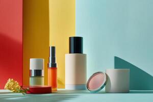Colorful Background Featuring Skincare Products and Flowers photo