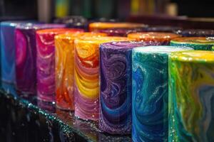 Colorful Swirled Cylindrical Vessels Arranged in a Row photo