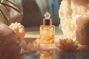 Golden Elixir Bottle Surrounded by Crystals and Flowers photo