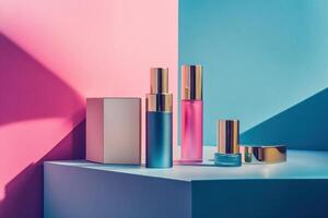 Stylish cosmetic bottles arranged on a colorful display photo