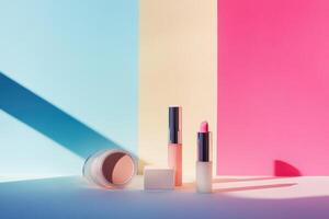 Cosmetics Arranged On Pastel Colored Background photo