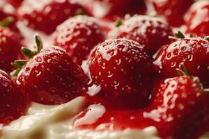 Red Strawberries Glazed and Dusted on Creamy Dessert photo