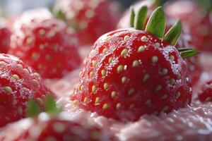 Fresh Strawberries In Creamy Pink Yogurt Dessert photo