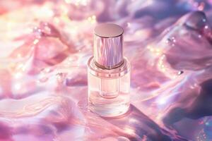Elegant Pink Perfume Bottle on Iridescent Surface photo
